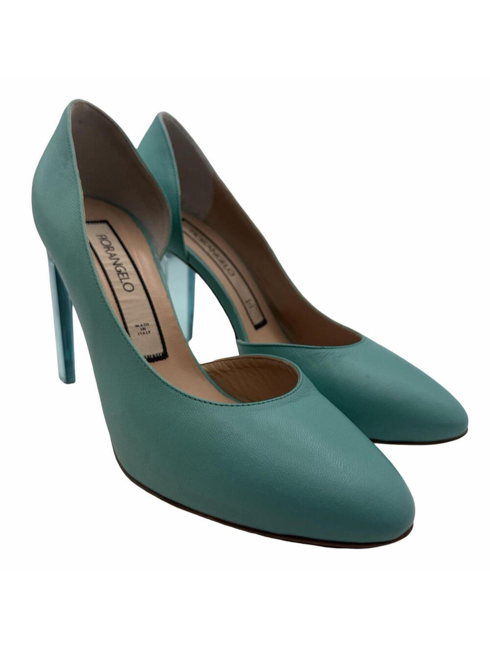 Fiorangelo Leather D'Orsay Pumps Transparent Block Heel Teal Blue Size 37 | US 7